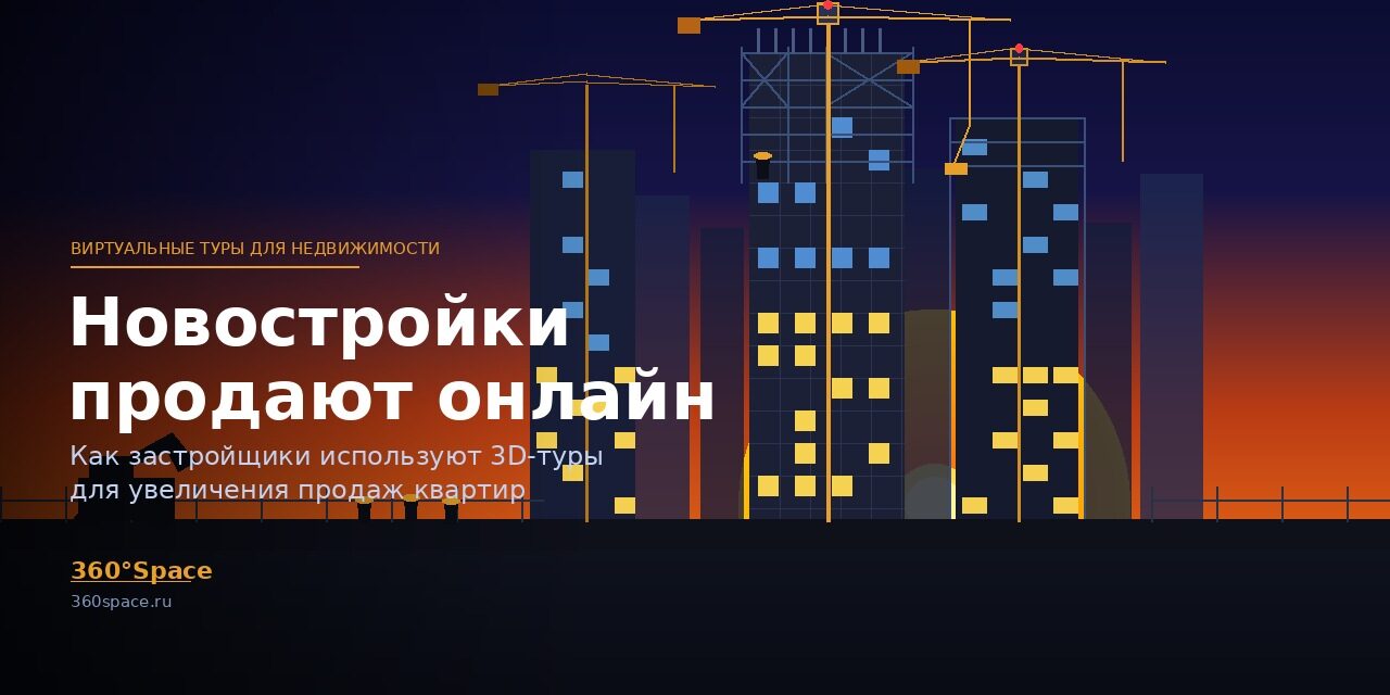 New buildings sold online — virtual tours Стройка жилого комплекса с кранами на закате